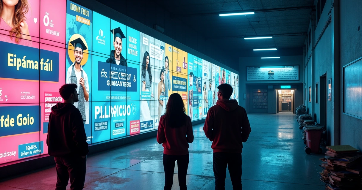 Estudantes diante de mural de telas brilhantes promovendo cursos superficiais 
