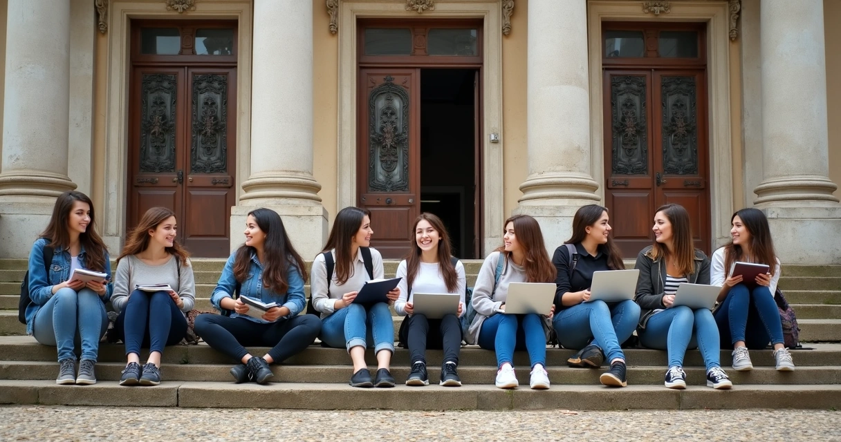 Estudantes sentados em escadaria de universidade em Portugal 