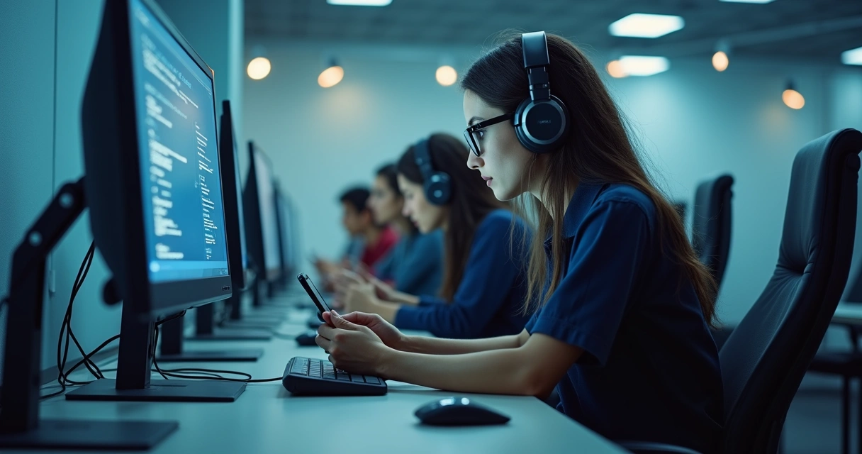 Estudantes usando computadores e celulares para pesquisa com inteligência artificial em sala de aula moderna 