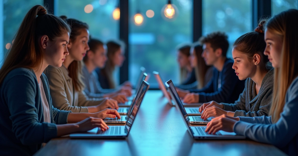 Jovens digitando currículos em notebooks com IA, em ambiente colaborativo 