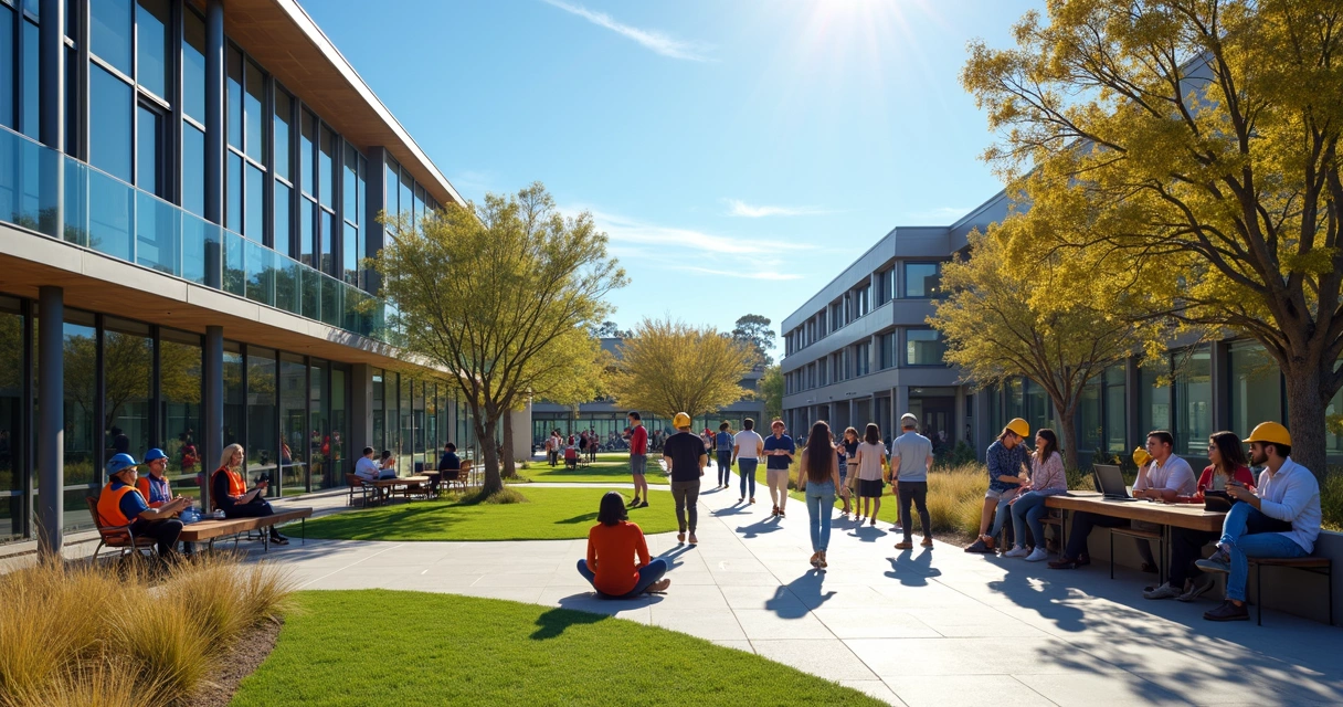 Estudantes em campus na Austrália, usando notebooks 