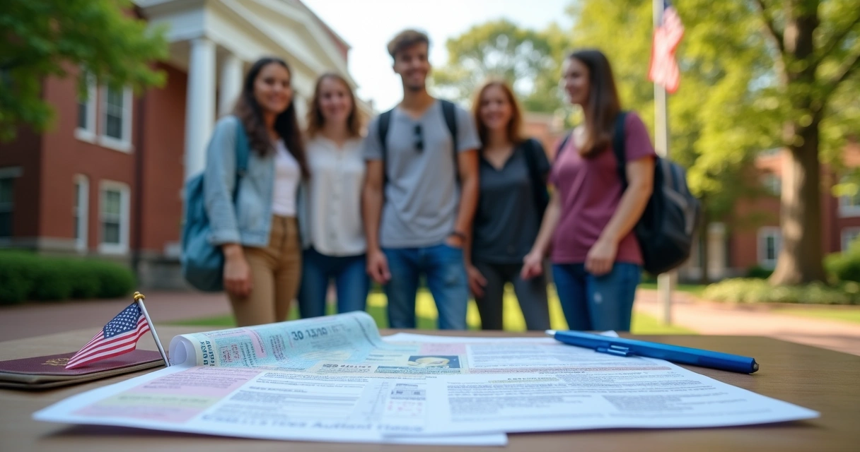 Estudantes brasileiros com documentos de visto em frente a uma universidade nos Estados Unidos 