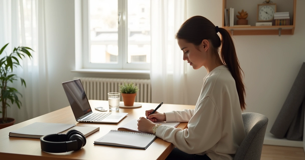 Persona estudiando de forma autónoma en un escritorio ordenado y relajado 