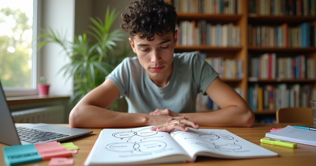 Estudiante sentado en escritorio organizando sus emociones con dibujos y notas de colores 