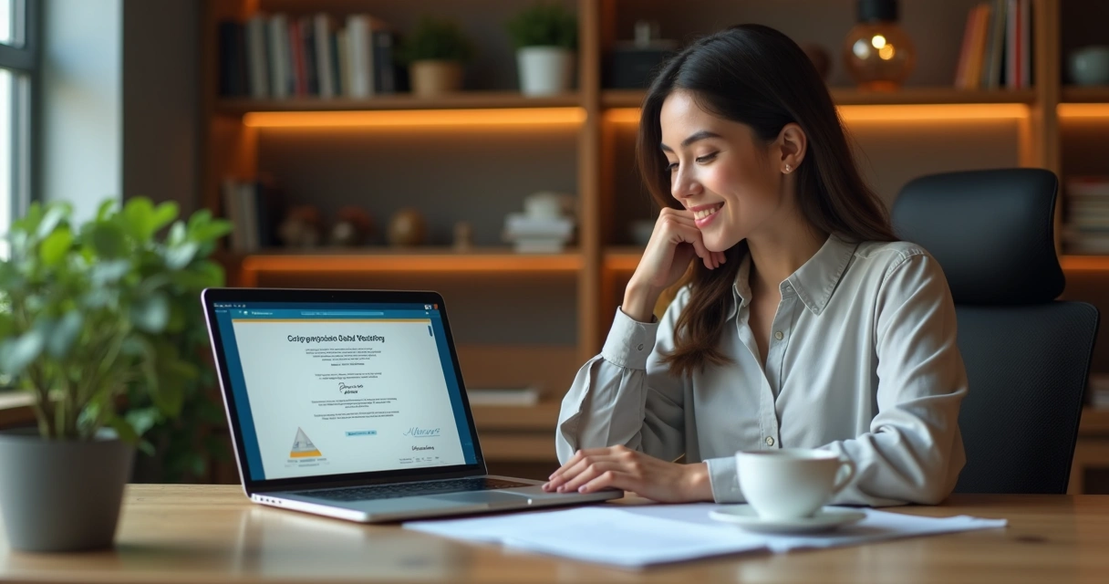 Mujer frente a una computadora revisando su certificado digital 