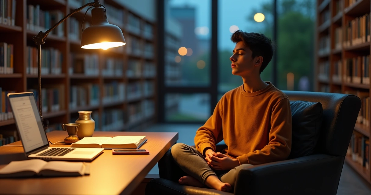 Estudiante universitario meditando con los ojos cerrados en una biblioteca tranquila de noche 
