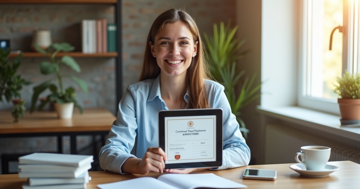 Estudiante usando tablet mostrando certificado digital 