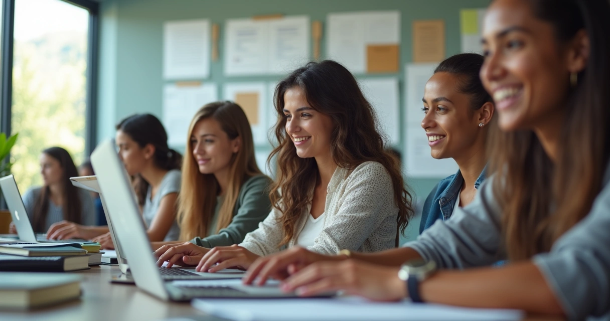 Grupo de estudiantes usando computadoras en un aula 
