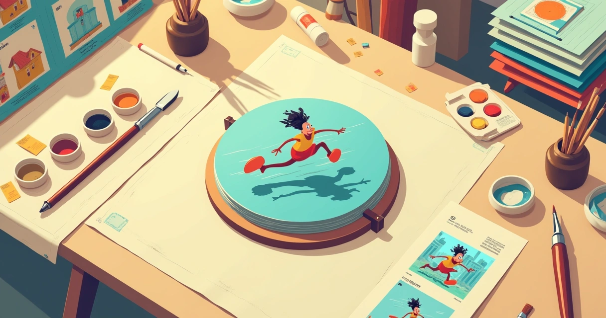 Mesa de estúdio com acetatos de animação clássica sobrepostos 
