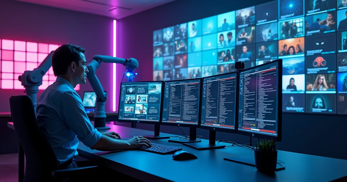 Estúdio automatizado com vários monitores, scripts rodando e inteligência artificial ativa em vídeo 