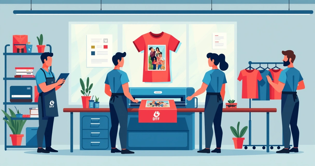 Estúdio de camisetas com impressora DTF preparando peças com fotos coloridas