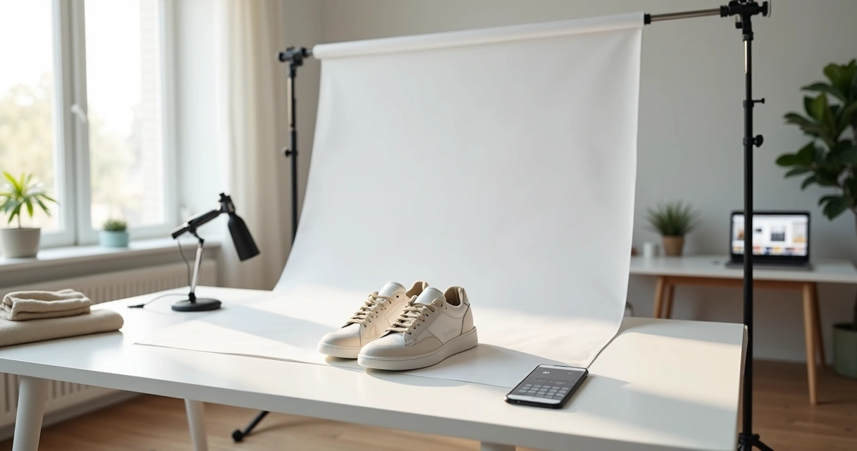 Estúdio caseiro com mesa branca, softbox e celular fotografando produto para loja Shopify 