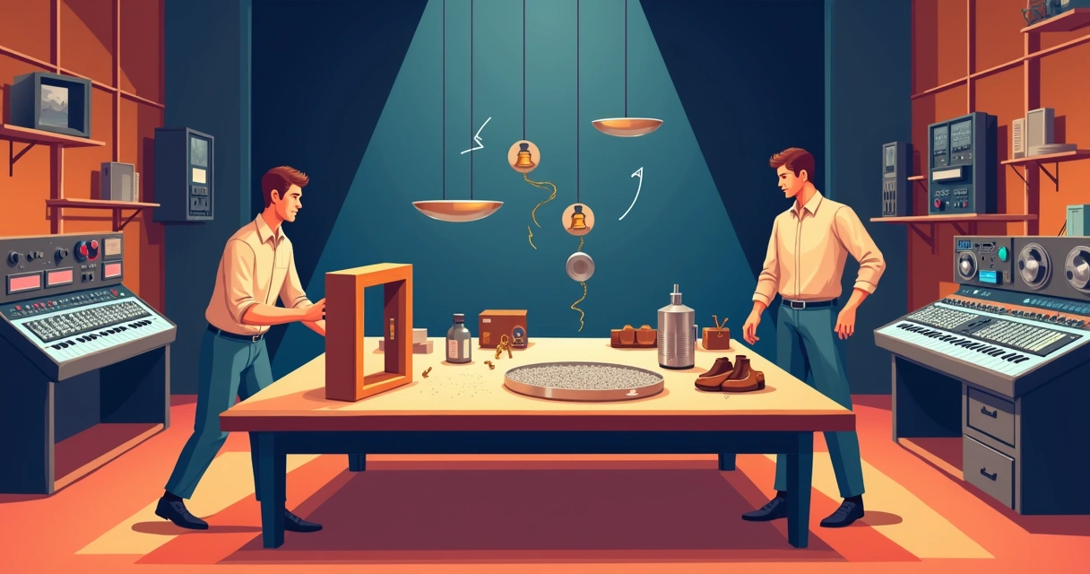 Estúdio clássico de cinema com mesa de efeitos sonoros e objetos retrô 