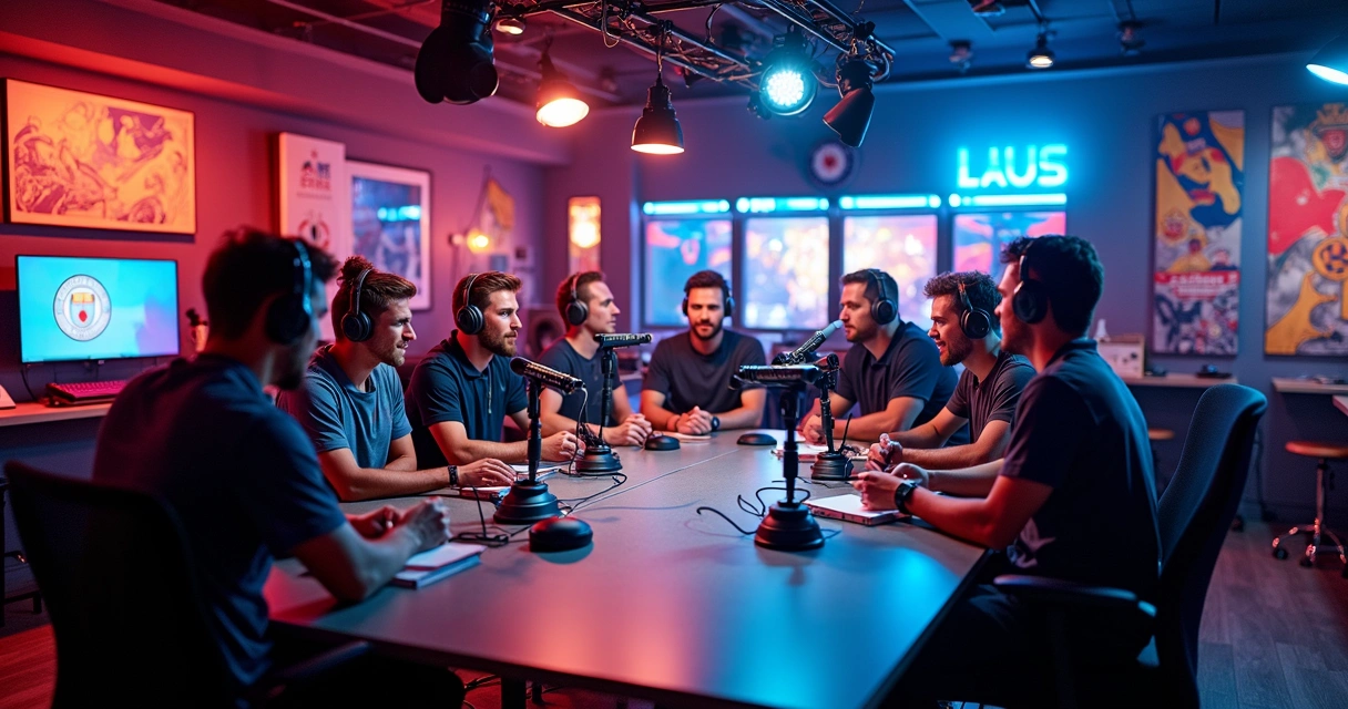 Estúdio moderno de clube de futebol com gravação de podcast e câmeras profissionais 
