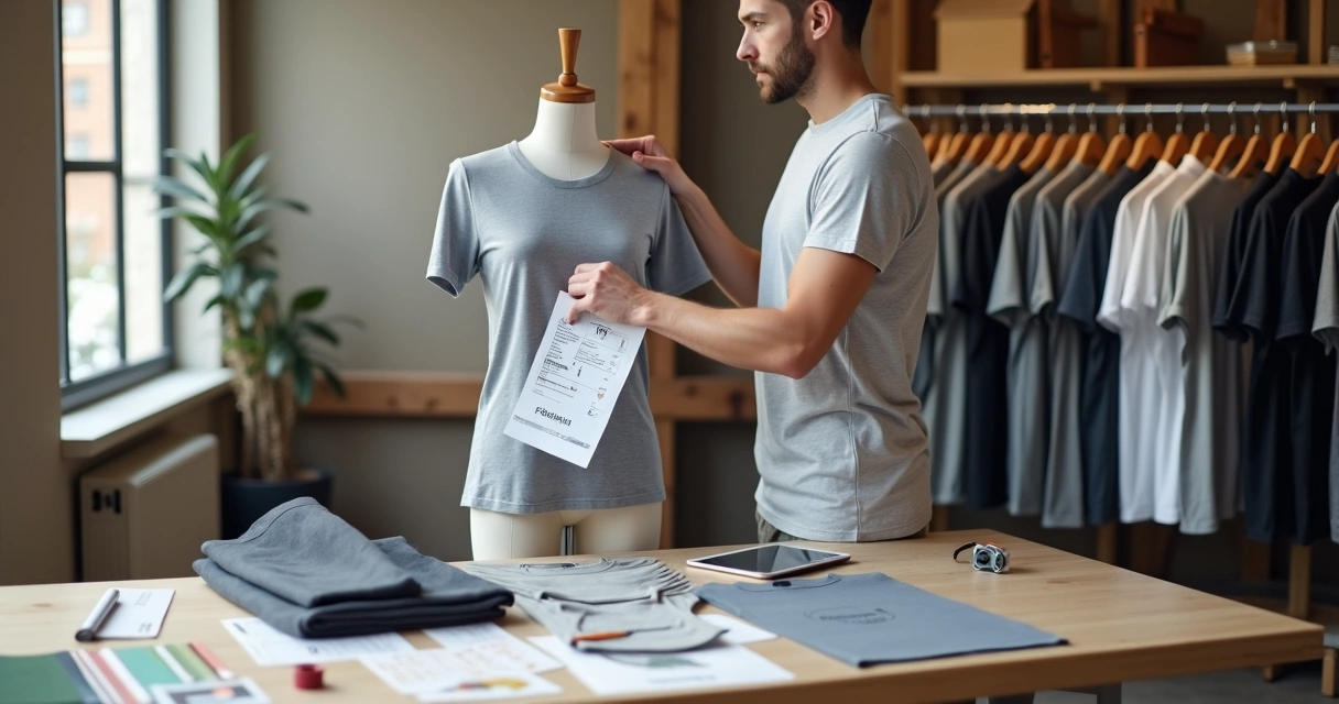 Designer ajustando arte em camiseta personalizada pendurada em manequim 