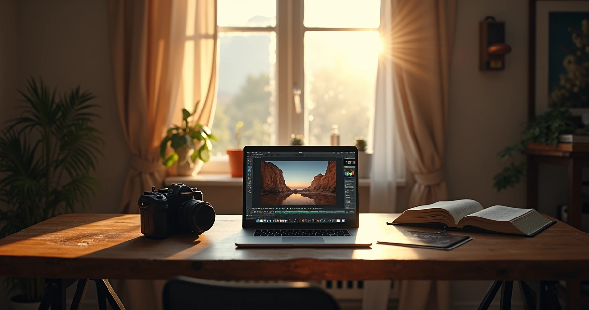 Ambiente de gravação de vídeo caseiro com equipamentos de filmagem, luz natural e mesa organizada 