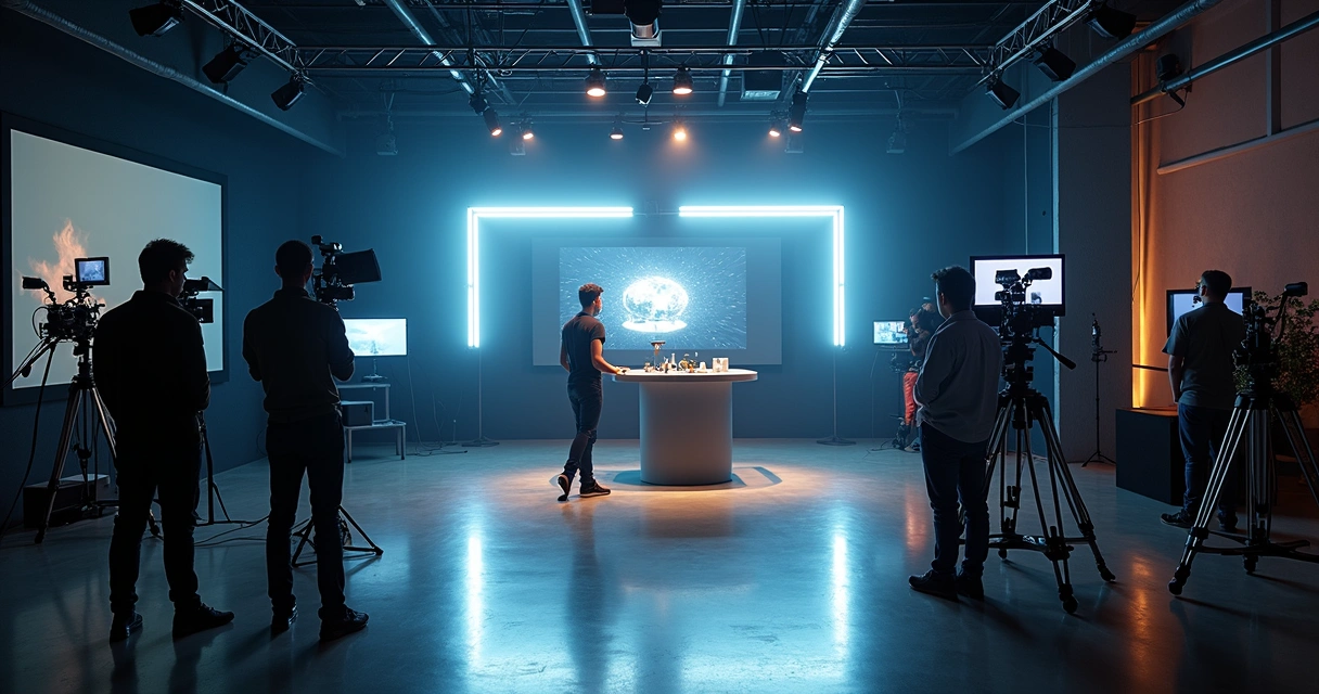 Estúdio moderno com iluminação profissional e criador apresentando produto em live shop 