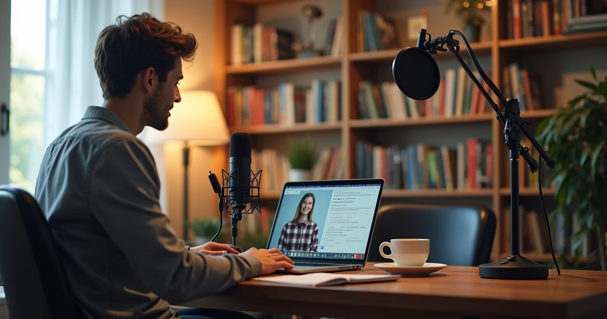 Pessoa gravando um curso online em estúdio caseiro 