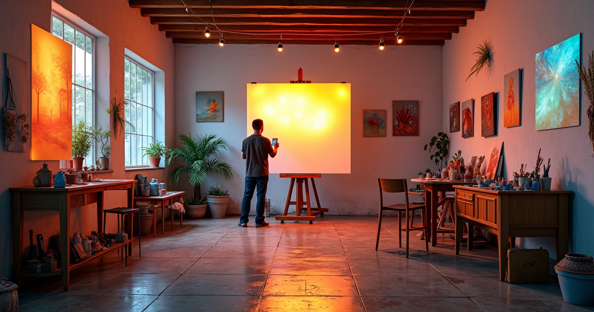 O que postar no Instagram? 10 ideias de conteúdo que funcionam em qualquer nicho 1 Artista trabalhando em um estúdio colorido, com tintas e pincéis, mostrando o processo criativo e interação com seguidores.