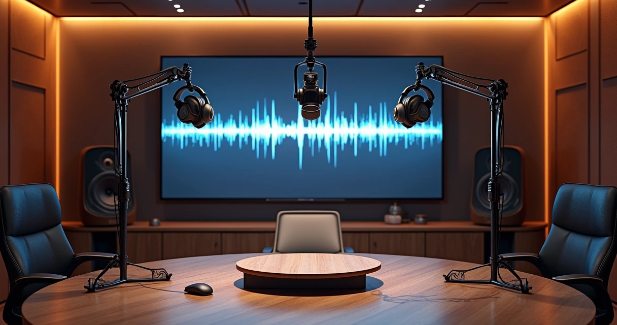 Estúdio de gravação com câmeras e microfones profissionais para podcast em vídeo 