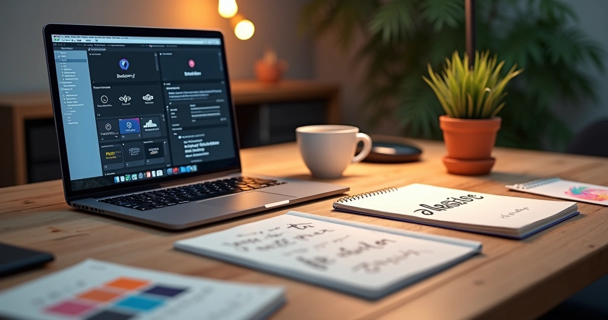 Mesa de trabalho com laptop, cadernos, amostras de cores e esboços de logo para design de marca 