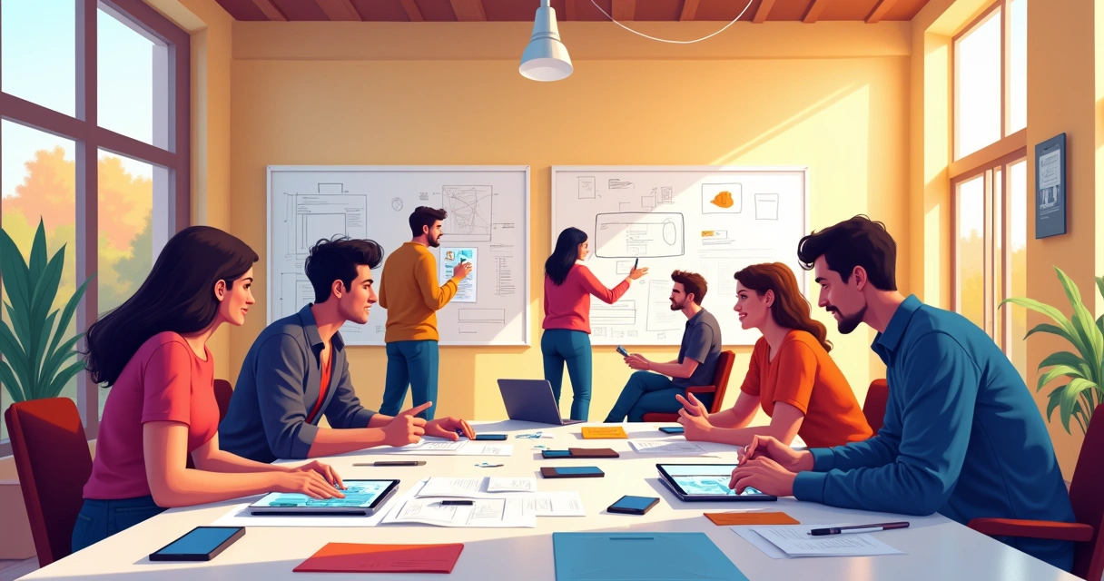Equipa de design em estúdio analisando protótipos em mesa iluminada, com usuários testando interações.