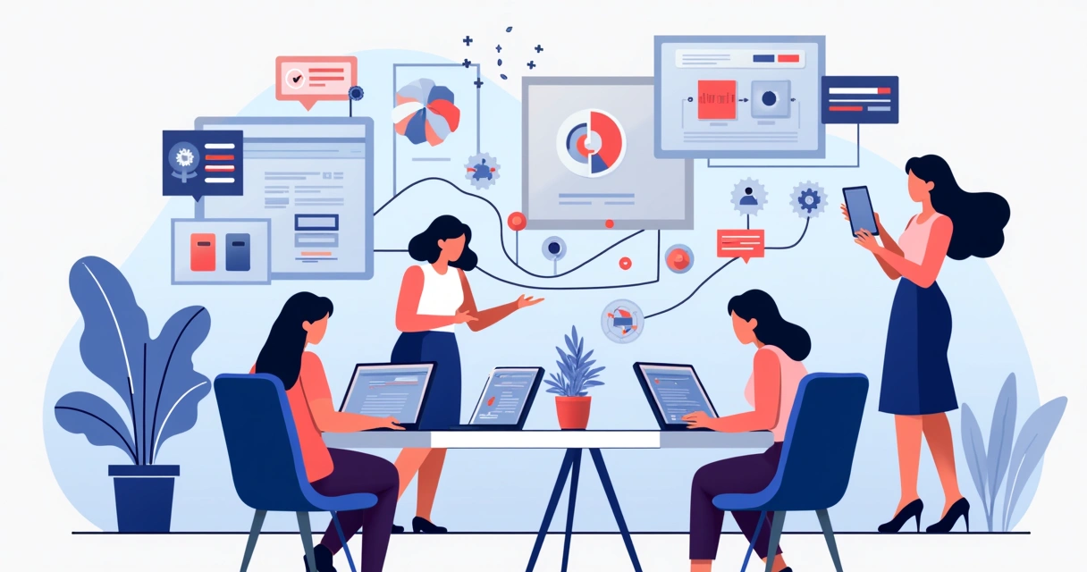 Ilustração corporativa flat mostrando elementos de design e tecnologia integrados, com telas digitais, ícones de software, engrenagens e figuras femininas colaborando em ambiente criativo 