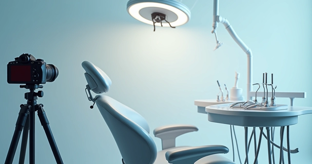 Configuração de mini estúdio odontológico com fundo branco, tripé e ring light 