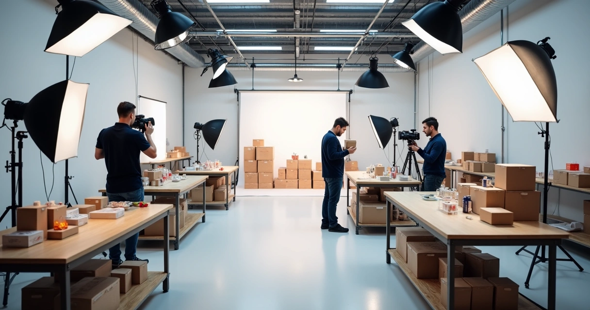 Visão ampla de estúdio de fotografia com bancada, equipamentos profissionais, fotógrafos e muitos produtos diferentes prontos para fotografar 