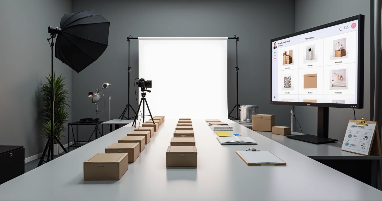 Estúdio de fotografia de produto para e-commerce com esteira de itens e tela com fotos organizadas 
