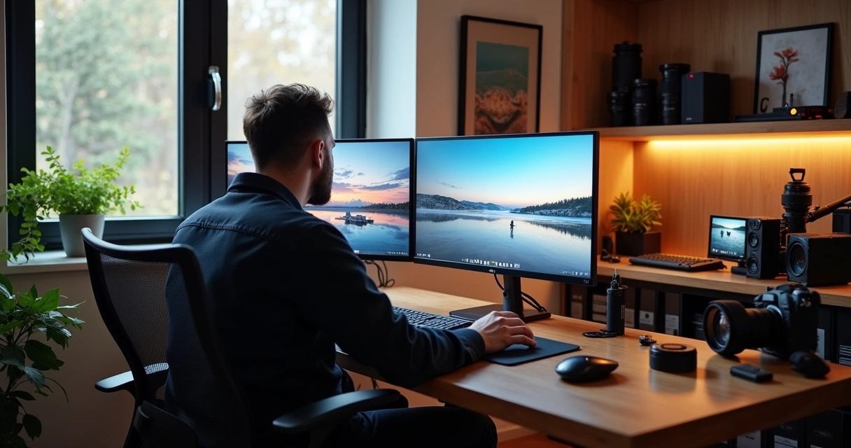 Estúdio de fotografia com computador e fotógrafo selecionando arquivos RAW 