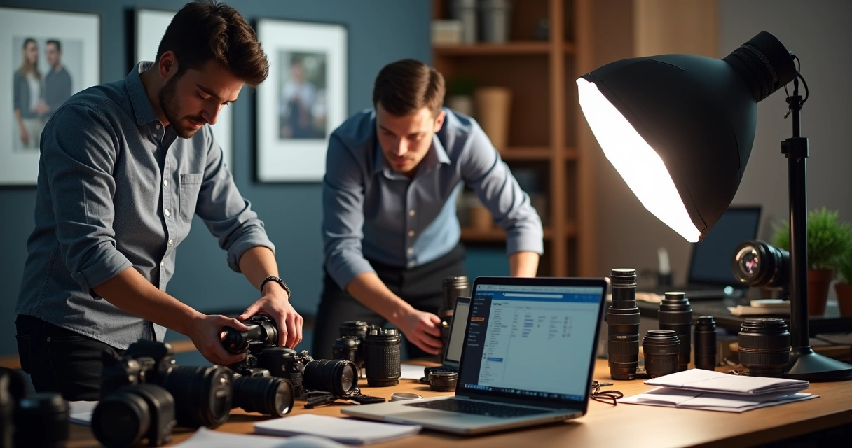 Fotógrafo em estúdio organizando equipamentos ao lado de computador aberto 