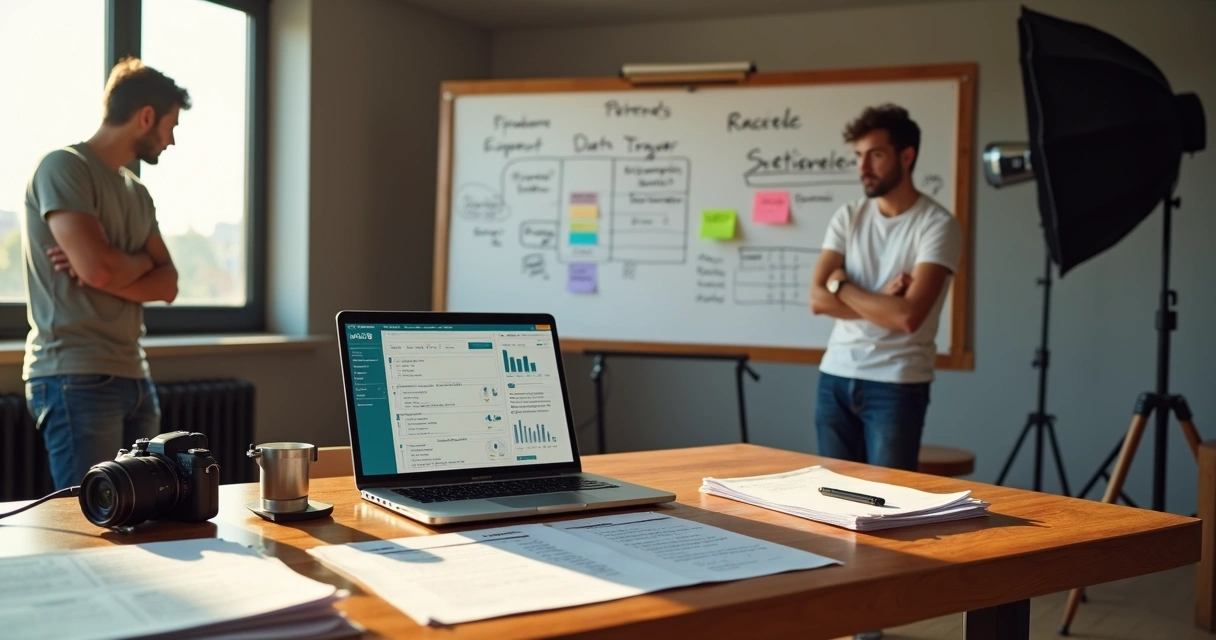 Fotógrafo e videomaker analisando finanças ao lado de câmera em estúdio 