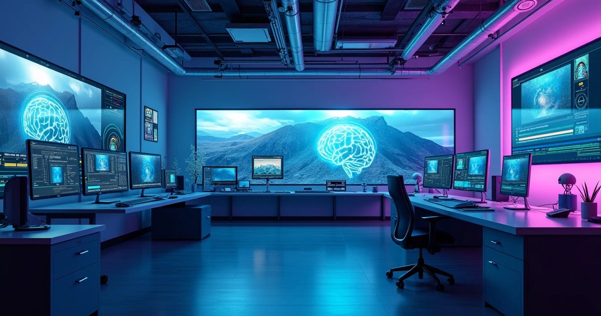 Futuristic video studio with screens and digital interface