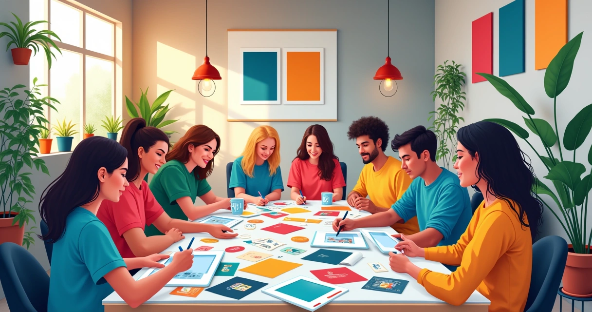 Estúdio gráfico moderno com pessoas colaborando em designs personalizados, amostras de produtos e materiais ecológicos.