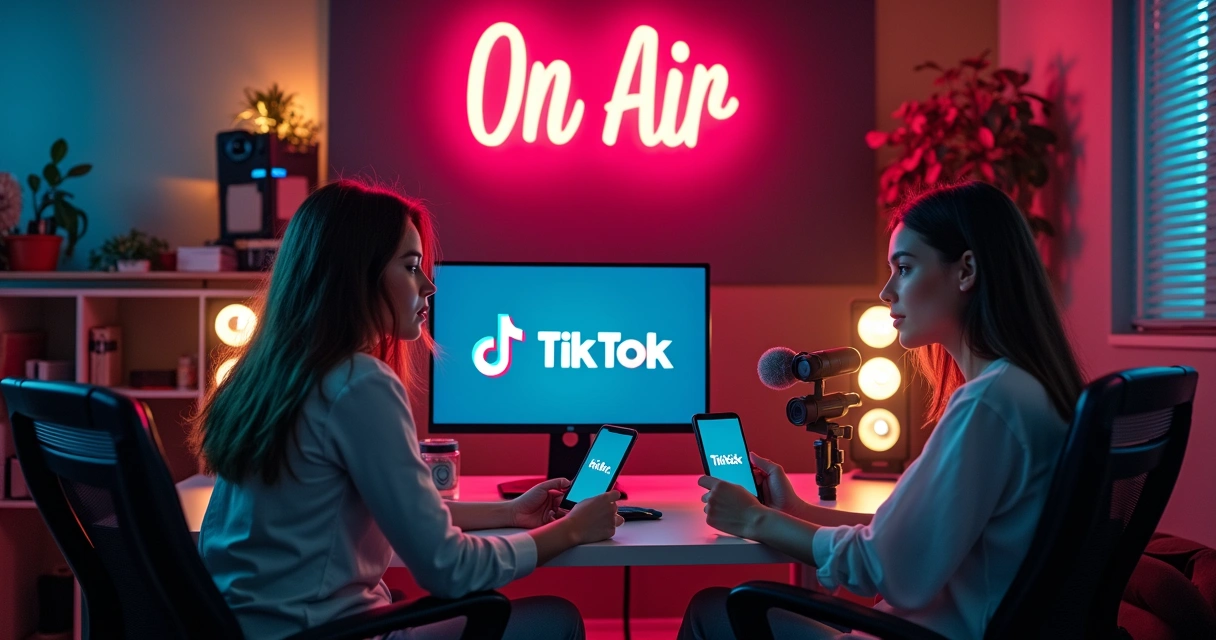 Sala de estúdio de gravação com equipe ajustando equipamentos de áudio e câmera para gravação de vídeo para Instagram 