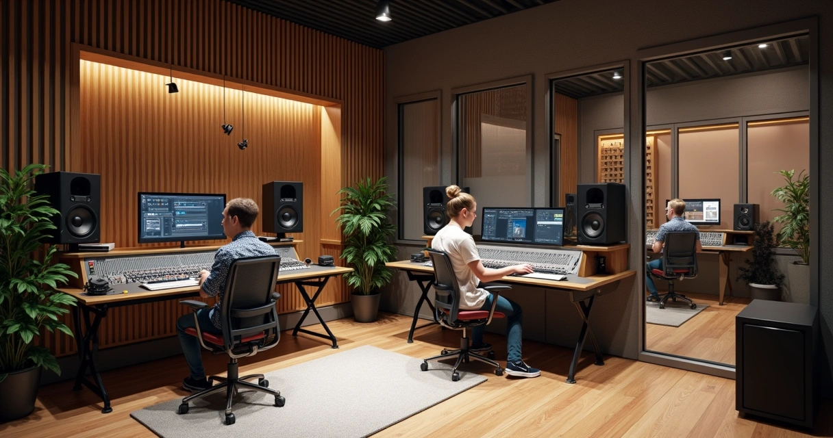 Estúdio de gravação moderno equipado com microfones, mesa de som e isolamento acústico 
