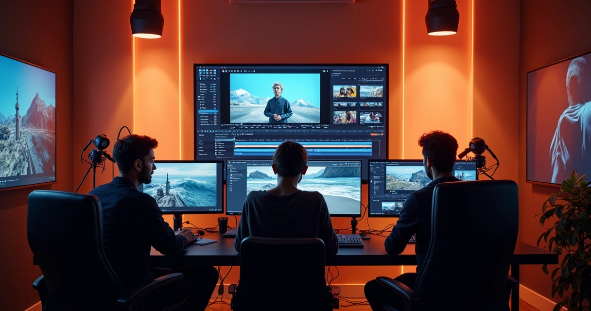 Recording studio with professionals editing video with screens showing AI tools