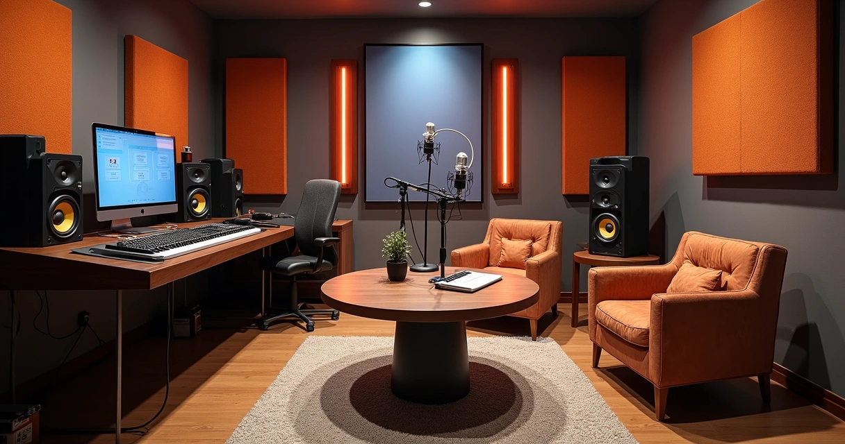 Estúdio de gravação para podcast com microfones e iluminação profissional 
