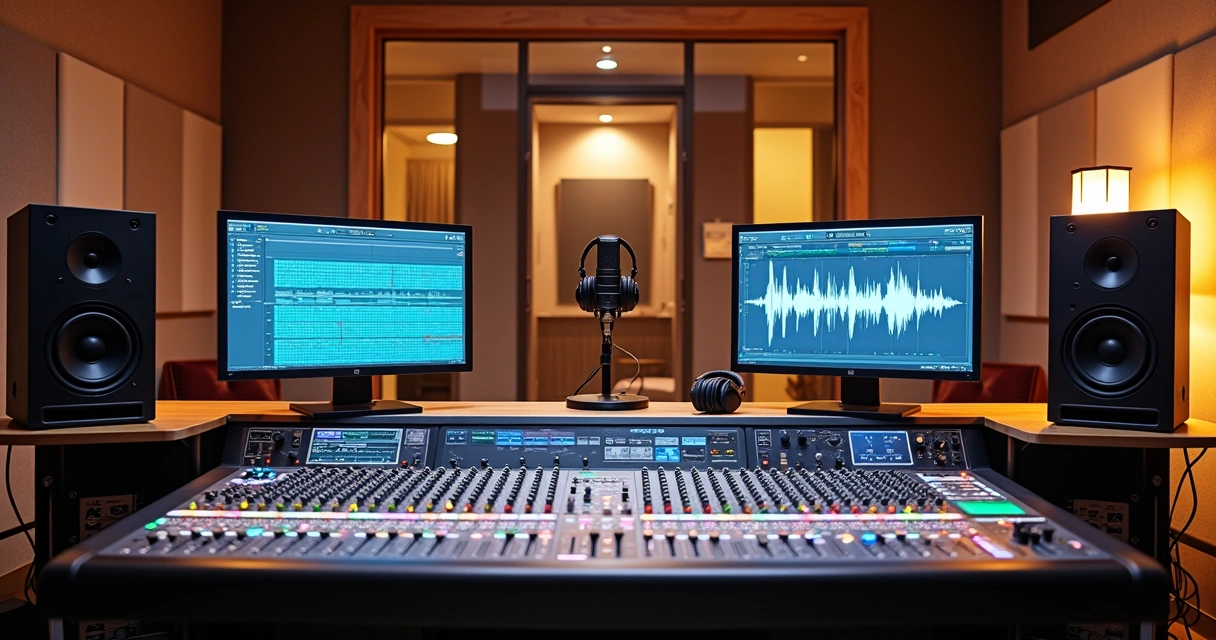 Estúdio de gravação profissional moderno com mesa de som e cabine acústica ao fundo 