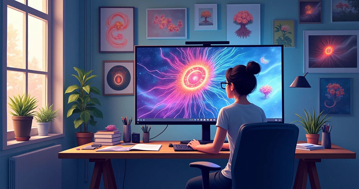 Ilustrador digital criando quadro colorido em computador 