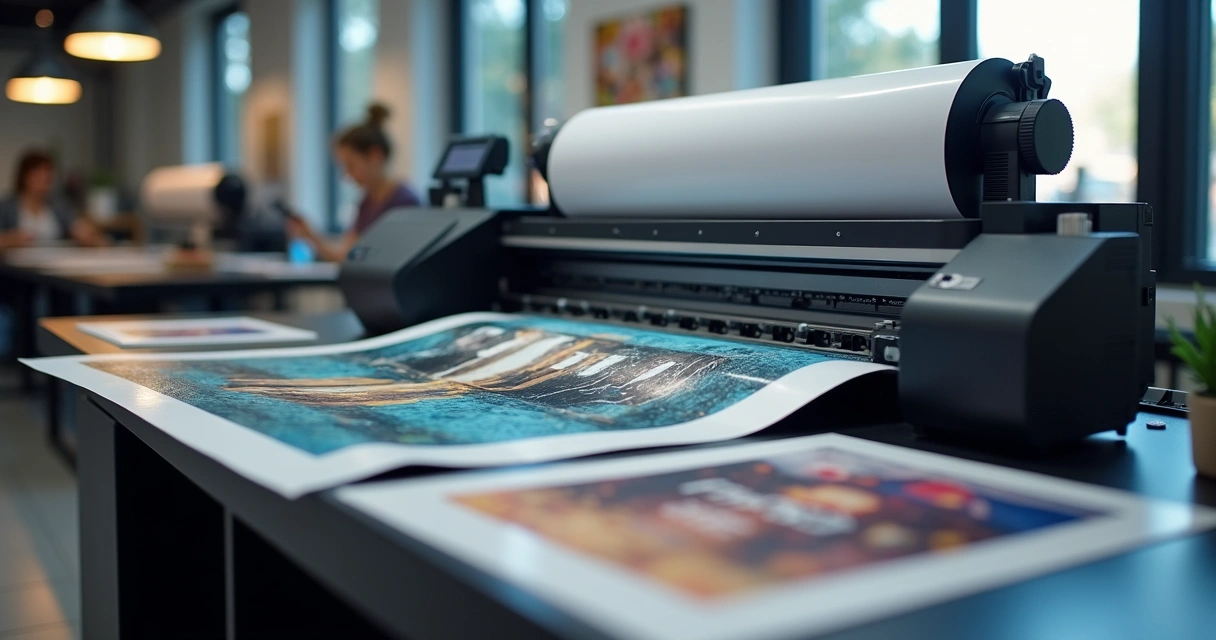 Estúdio de impressão com impressora jato de tinta e bobina de papel fotográfico em uso 