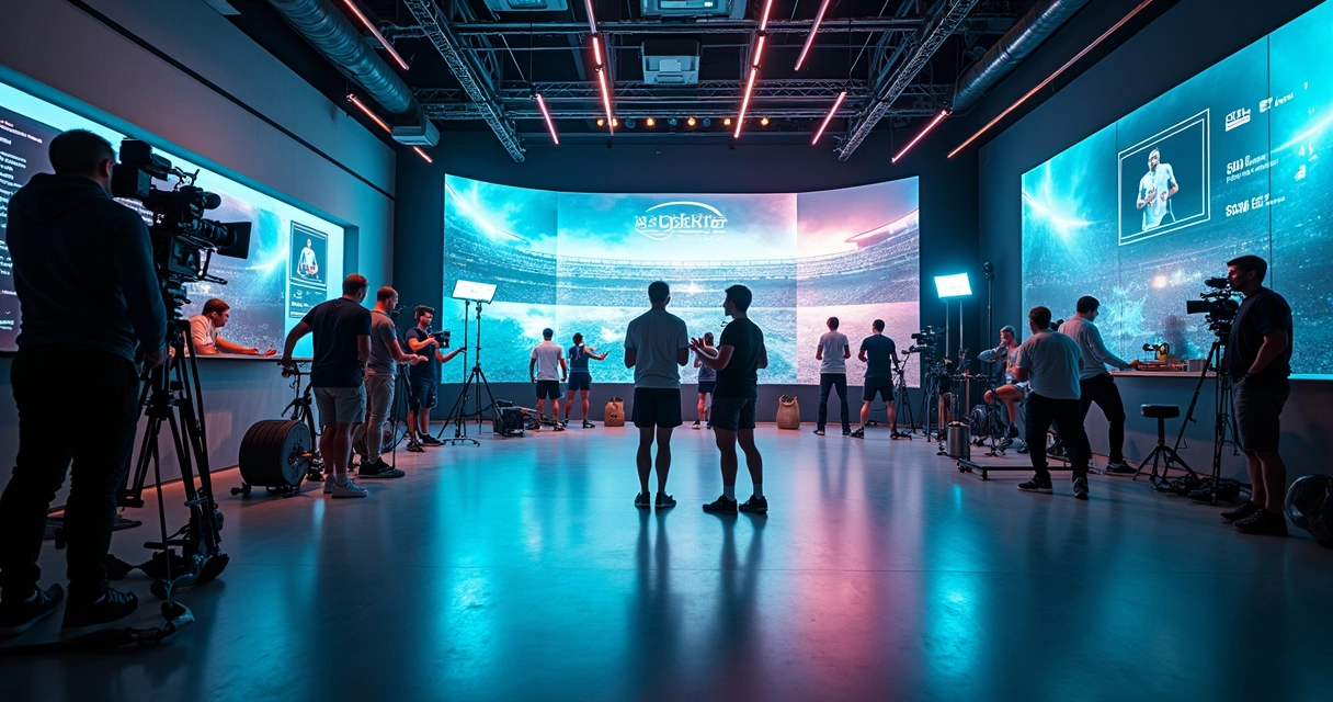 Estúdio moderno com câmeras, equipe de gravação, iluminação e esportistas ao fundo 