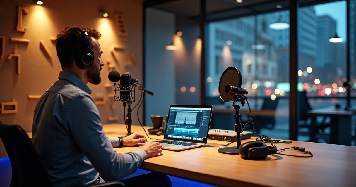 Estúdio de podcast profissional em coworking no centro de Betim com podcaster gravando 