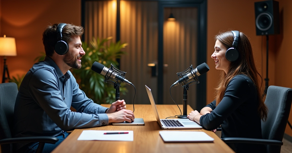 Gravação de podcast com dois profissionais da contabilidade em estúdio moderno 