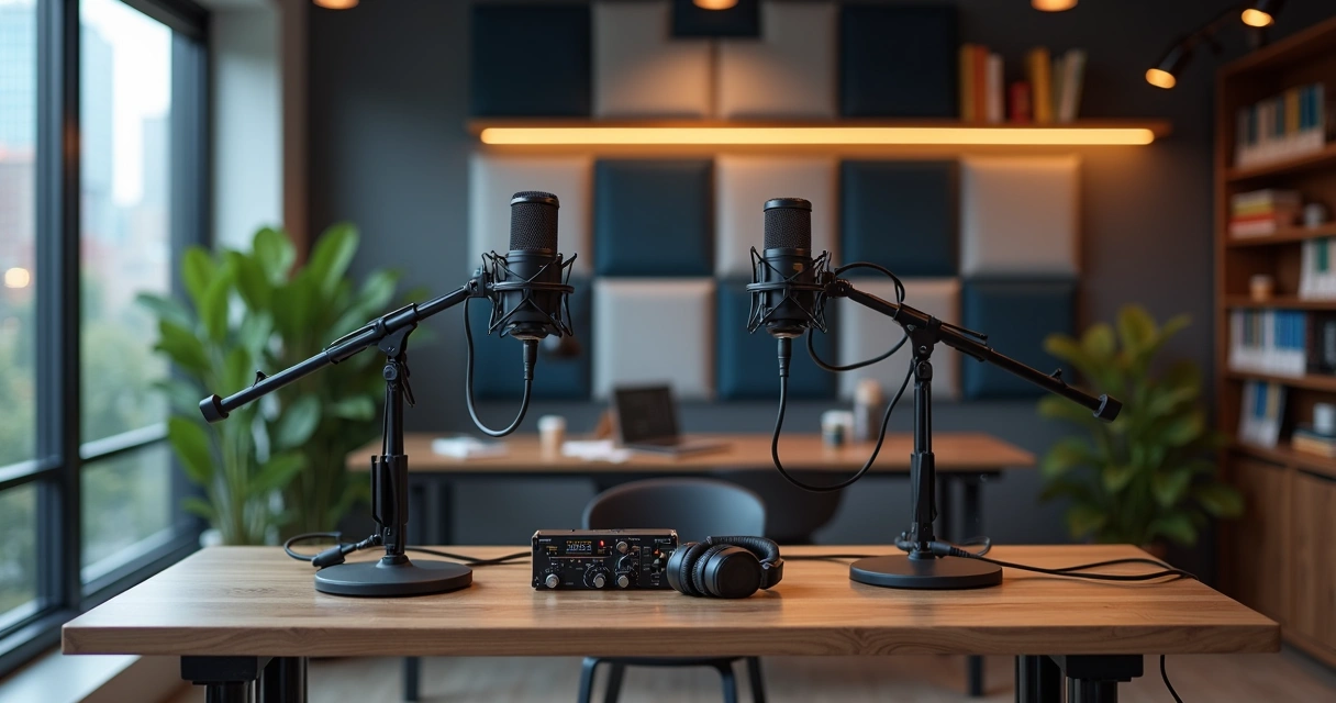 Estúdio de podcast profissional dentro de coworking com mesa, microfones e painéis acústicos 