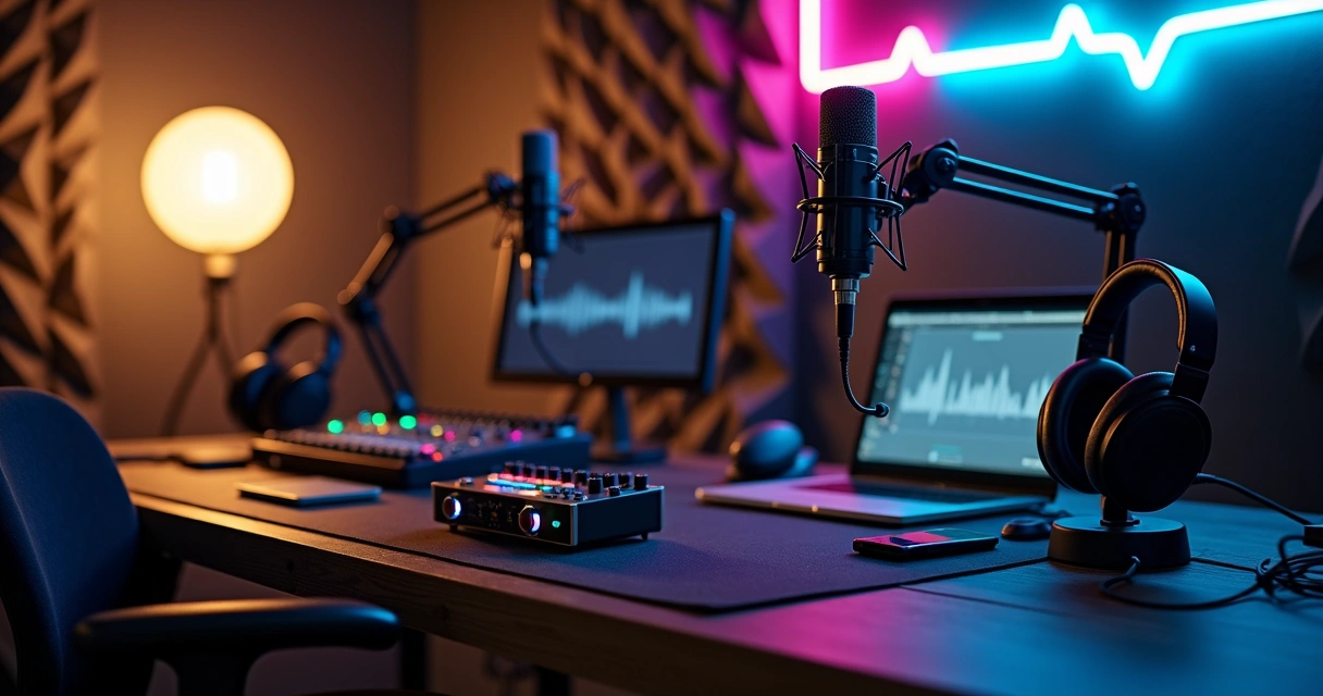 Mesa de estúdio de podcast com equipamentos profissionais organizados 