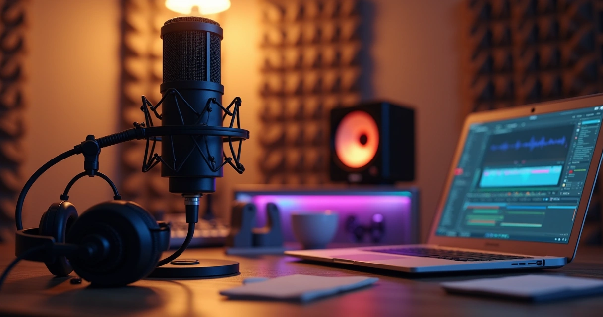 Estúdio profissional de podcast com microfone, fones de ouvido e equipamento audiovisual moderno 