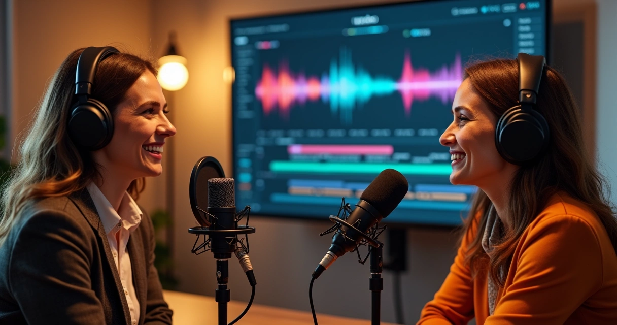 Two women sitting in a studio recording a podcast, screen in the background shows editing with highlighted captions.