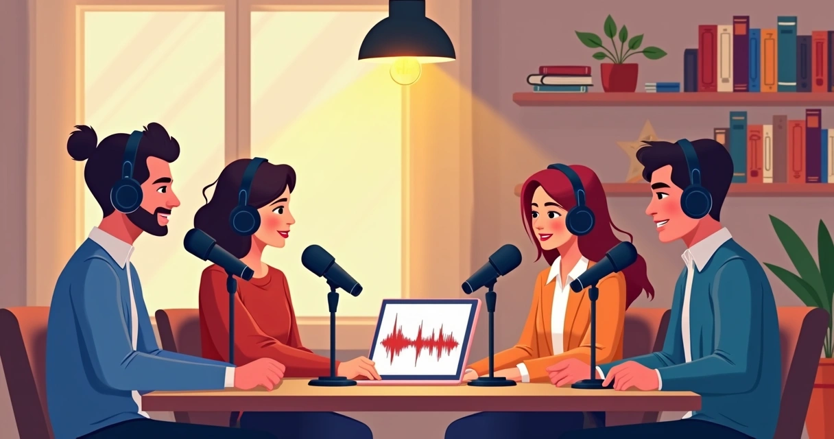 Ambiente de gravação de podcast político, com pessoas conversando em torno de microfones 